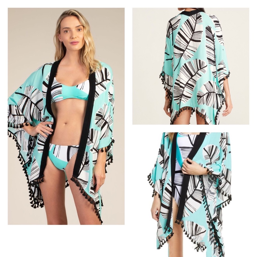 Trina Turk Aqua Black White Tropical Leaf Tassel Swim Coverup and bikini